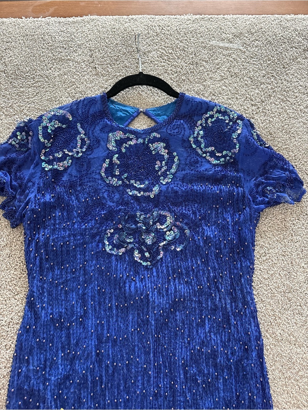Vintage 80s Scala Paris Blue Beaded Sequin Silk Dress Medium Cocktail Party 90s - Picture 11 of 11